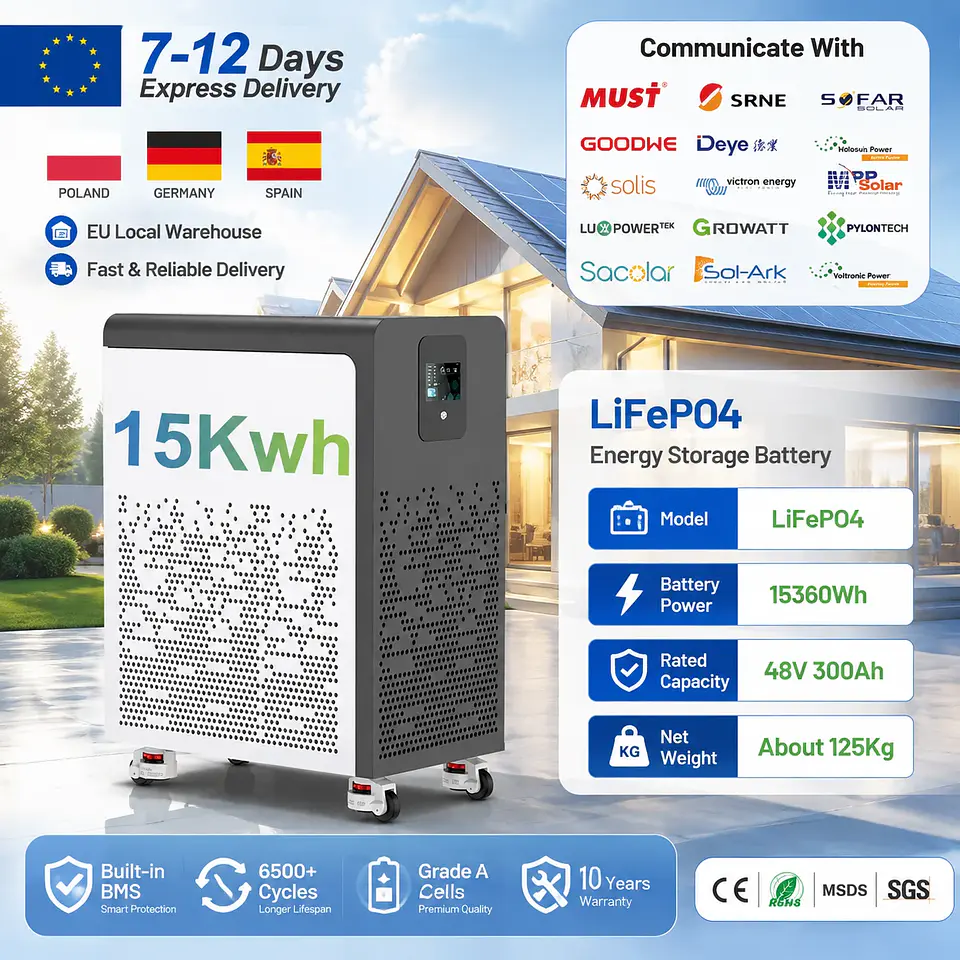 LiFePO4 48V 300Ah 15Kwh Battery Akku 6000 Cycles With Wheels 51.2V BMS 100Ah 600Ah Solar Energy Storage Lithium Battery EU STOCK 1