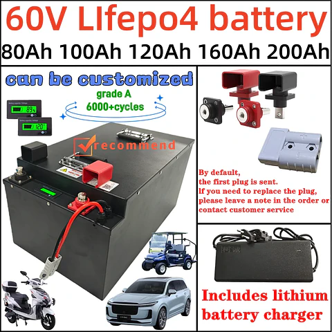 60V 100Ah 120Ah 150Ah 200Ah lithium Lifepo4 EV battery pack with BMS and charger for for electric trike moped golf cart vehicle