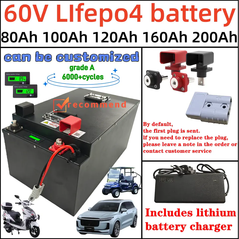 60V 100Ah 120Ah 150Ah 200Ah lithium Lifepo4 EV battery pack with BMS and charger for for electric trike moped golf cart vehicle 1