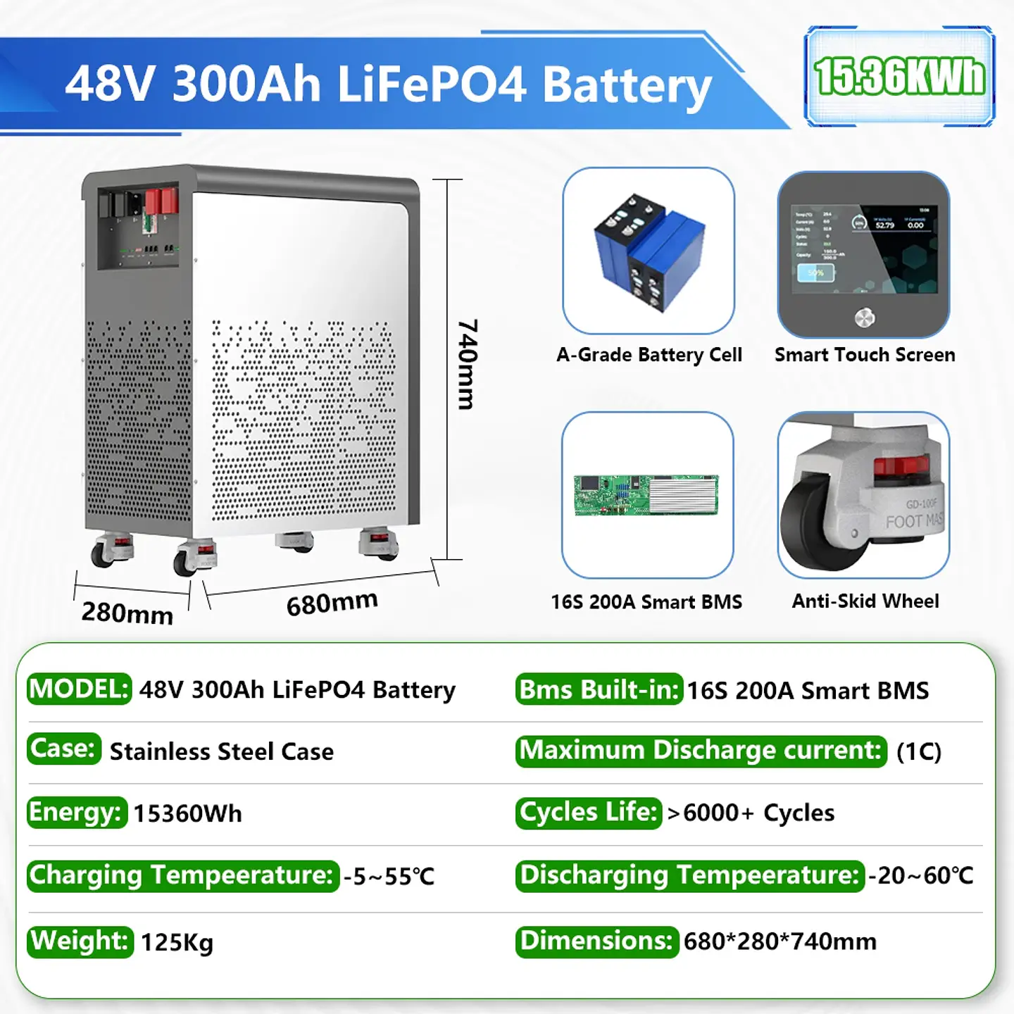 LiFePO4 48V 300Ah 15Kwh Battery Akku 6000 Cycles With Wheels 51.2V BMS 100Ah 600Ah Solar Energy Storage Lithium Battery EU STOCK 3