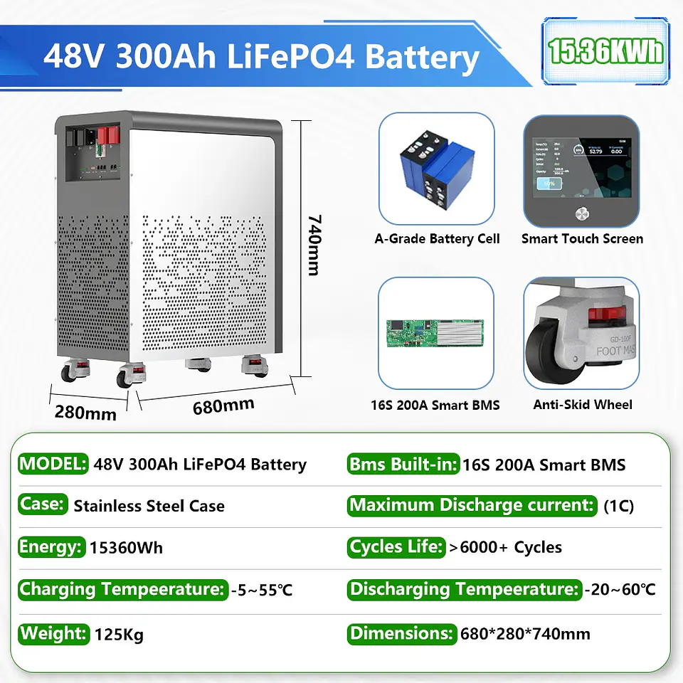 LiFePO4 48V 300Ah 15Kwh Battery Akku 6000 Cycles With Wheels 51.2V BMS 100Ah 600Ah Solar Energy Storage Lithium Battery EU STOCK 3