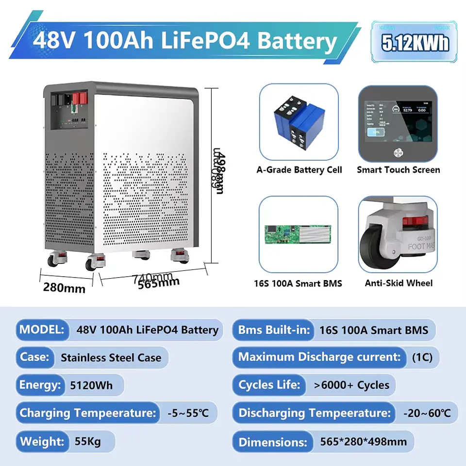 LiFePO4 48V 300Ah 15Kwh Battery Akku 6000 Cycles With Wheels 51.2V BMS 100Ah 600Ah Solar Energy Storage Lithium Battery EU STOCK 8