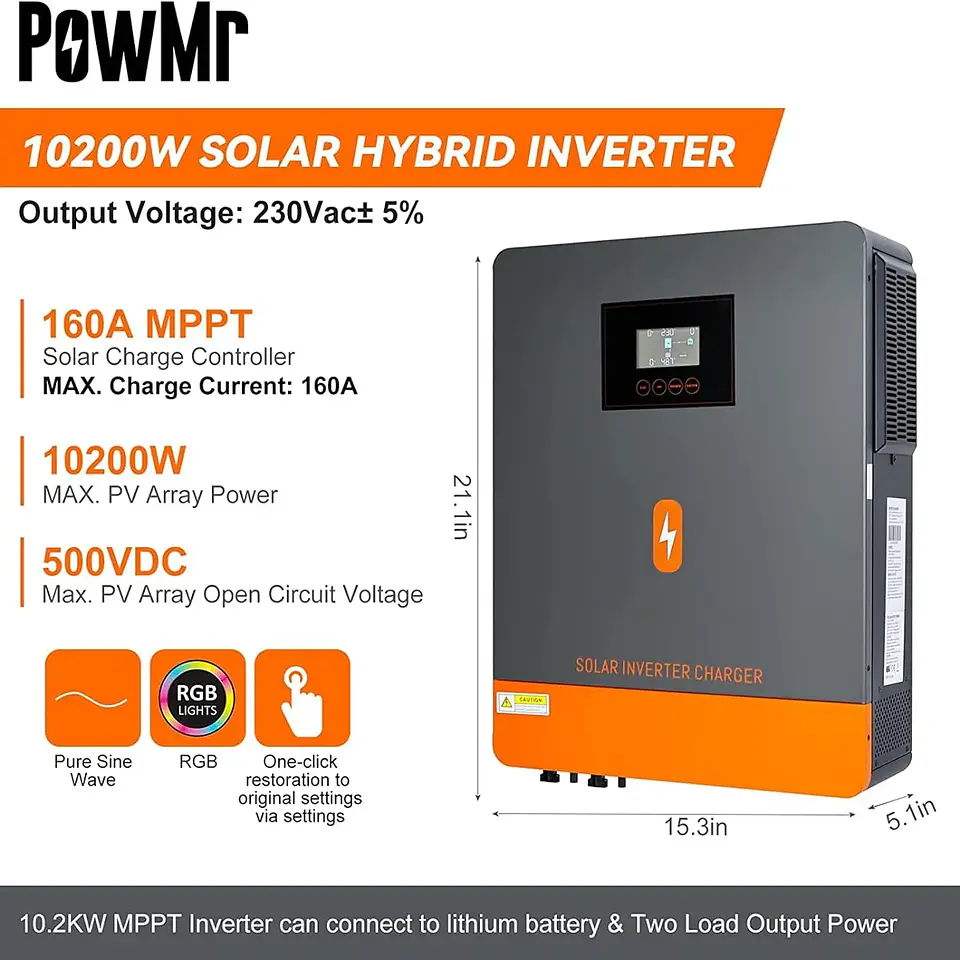 PowMr 13.2KW Hybrid Solar Inverter 48V 230V On Grid Off Grid Pure Sine Wave Inverter Dual Output MPPT 160A Solar Battery Charger 3