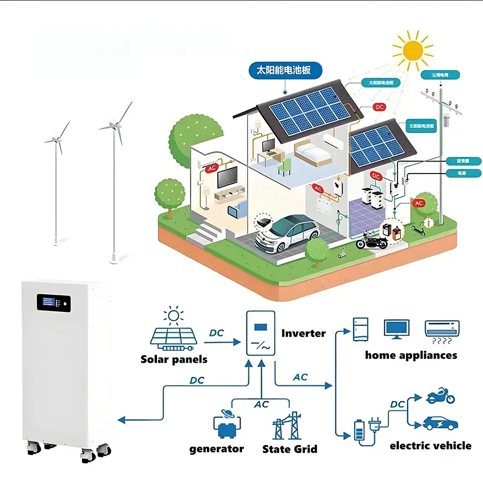 2KW 3KW 5KW Solar System LiFePO4 48V 24V 100AH 150Ah 200Ah Lithium Battery Mobile Energy Storage for PV Inverter+Charger 5