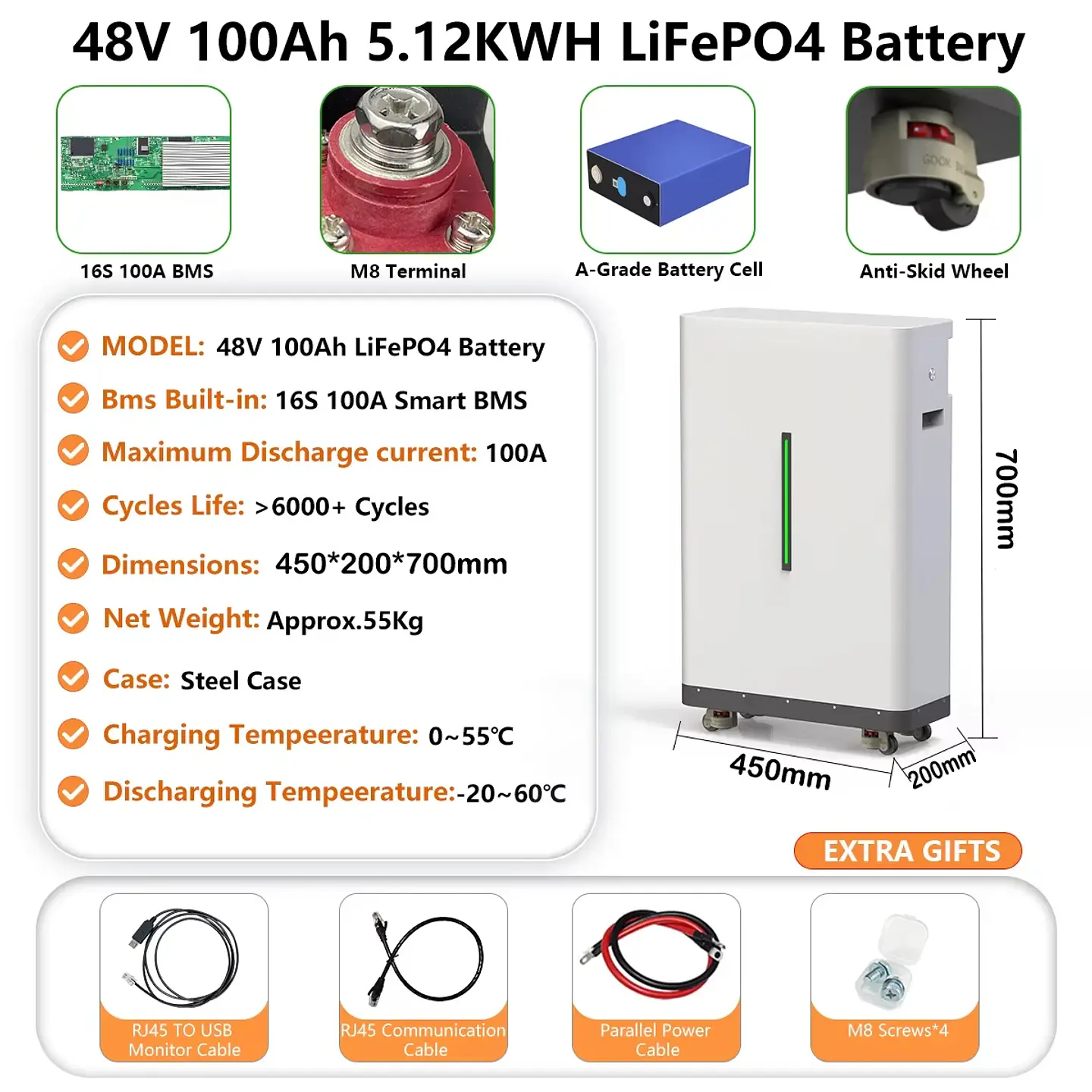 LiFePO4 48V 300AH 15KWH Battery 51.2V 100AH 600AH Lithium Solar Battery Rechargeable Battery 8000+ Cycle For Home Storage NO TAX 7