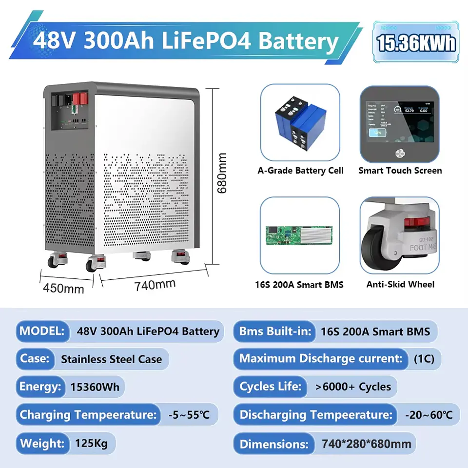 LiFePO4 48V 300Ah 15Kwh Battery Akku 6000 Cycles With Wheels 51.2V BMS 100Ah 600Ah Solar Energy Storage Lithium Battery EU STOCK 9