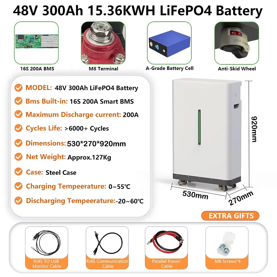 LiFePO4 48V 300AH 15KWH Battery 51.2V 100AH 600AH Lithium Solar Battery Rechargeable Battery 8000+ Cycle For Home Storage NO TAX 8