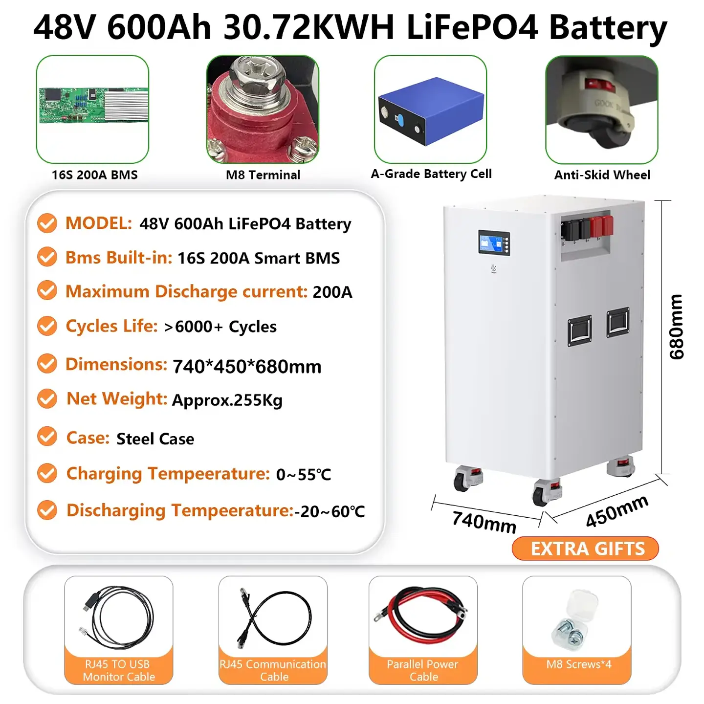 LiFePO4 48V 300AH 15KWH Battery 51.2V 100AH 600AH Lithium Solar Battery Rechargeable Battery 8000+ Cycle For Home Storage NO TAX 9