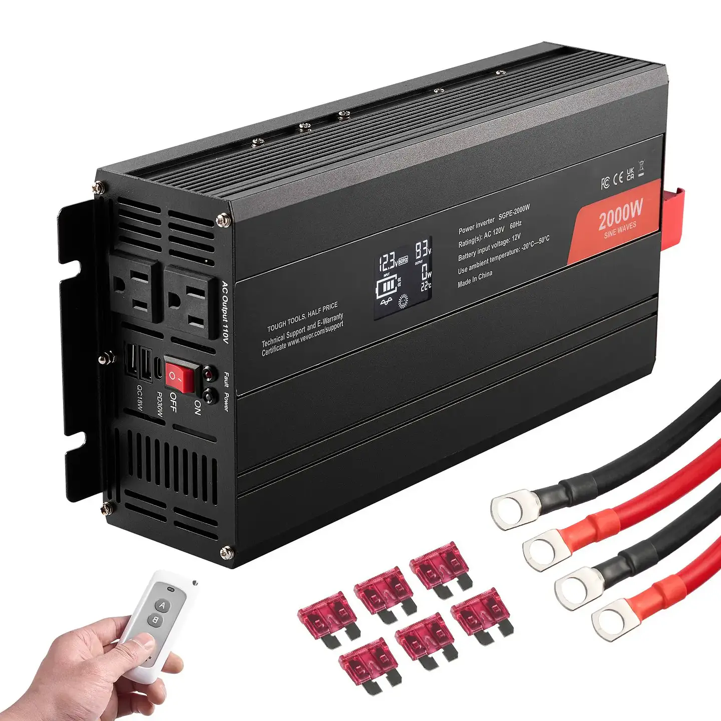 2000-Watt Pure Sine Wave Power Inverter LCD Display DC 12V AC 110V Inverter 2 AC Outlets 2 USB Ports 1 Type C Port 240V 120V 1