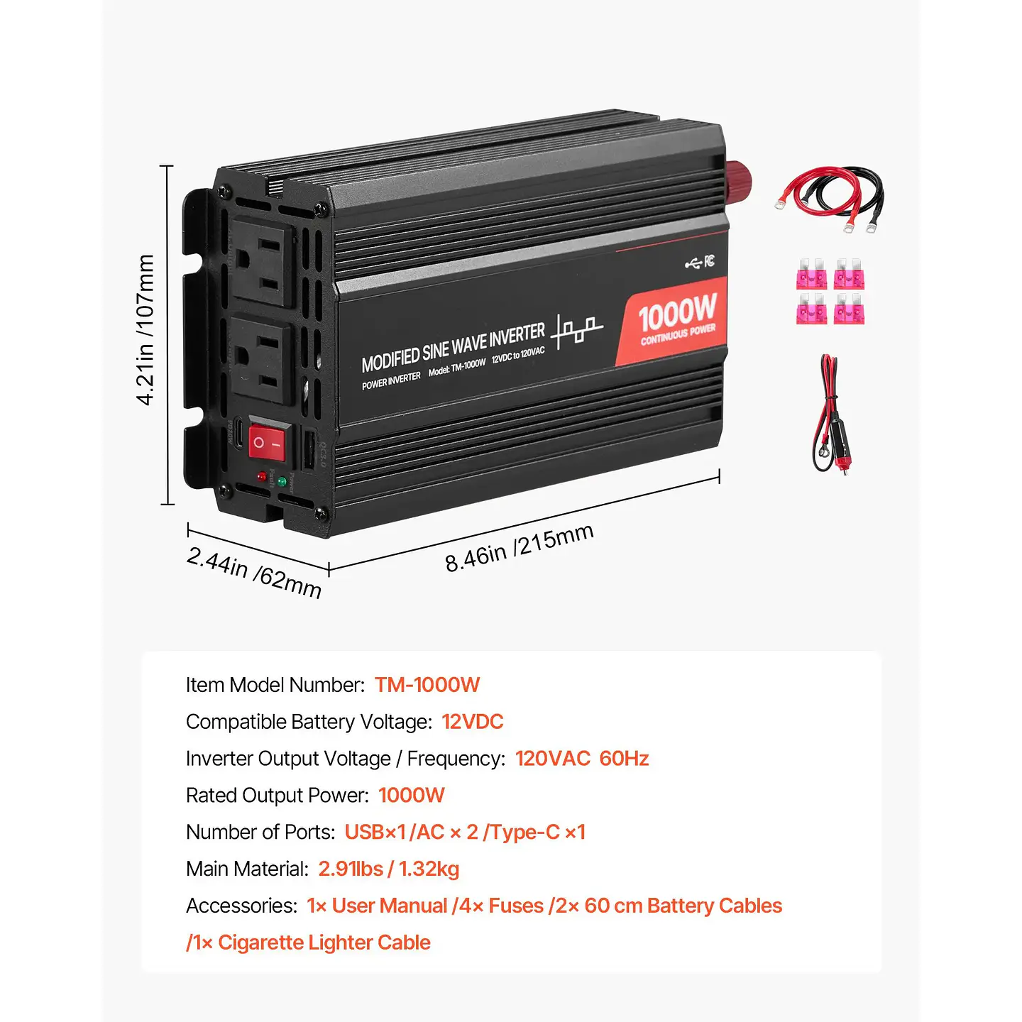 1000W Power Inverter USB Type C Port DC 12V AC 120V Car Charger Converter 2 AC Outlets Overvoltage Protection 15V Output 220V 3