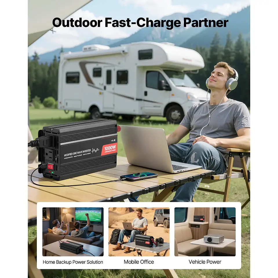 1000W Power Inverter USB Type C Port DC 12V AC 120V Car Charger Converter 2 AC Outlets Overvoltage Protection 15V Output 220V 4
