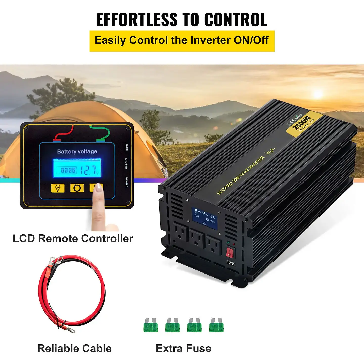 2500W Modified Sine Wave Power Inverter LCD Display Remote Controller LED DC 12V AC 120V Car Converter 110V 220V Takes 5V 3