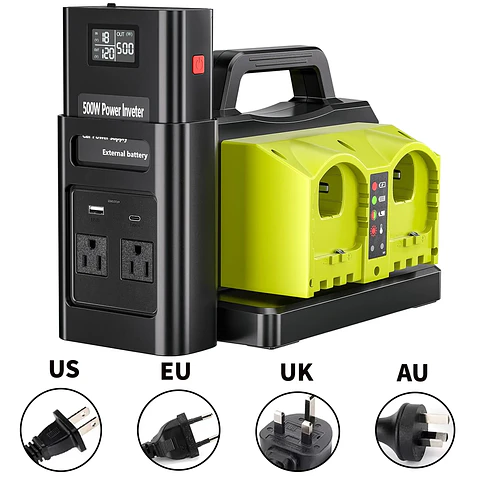 500W Pure Sine Wave Power Inverter for Ryobi 18 V Battery, 18 V DC to 120 V AC Converter with USB-C/USB-A Charger