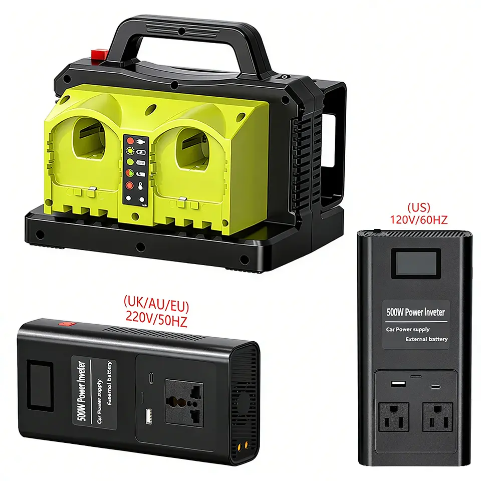 500W Pure Sine Wave Power Inverter for Ryobi 18 V Battery, 18 V DC to 120 V AC Converter with USB-C/USB-A Charger 2