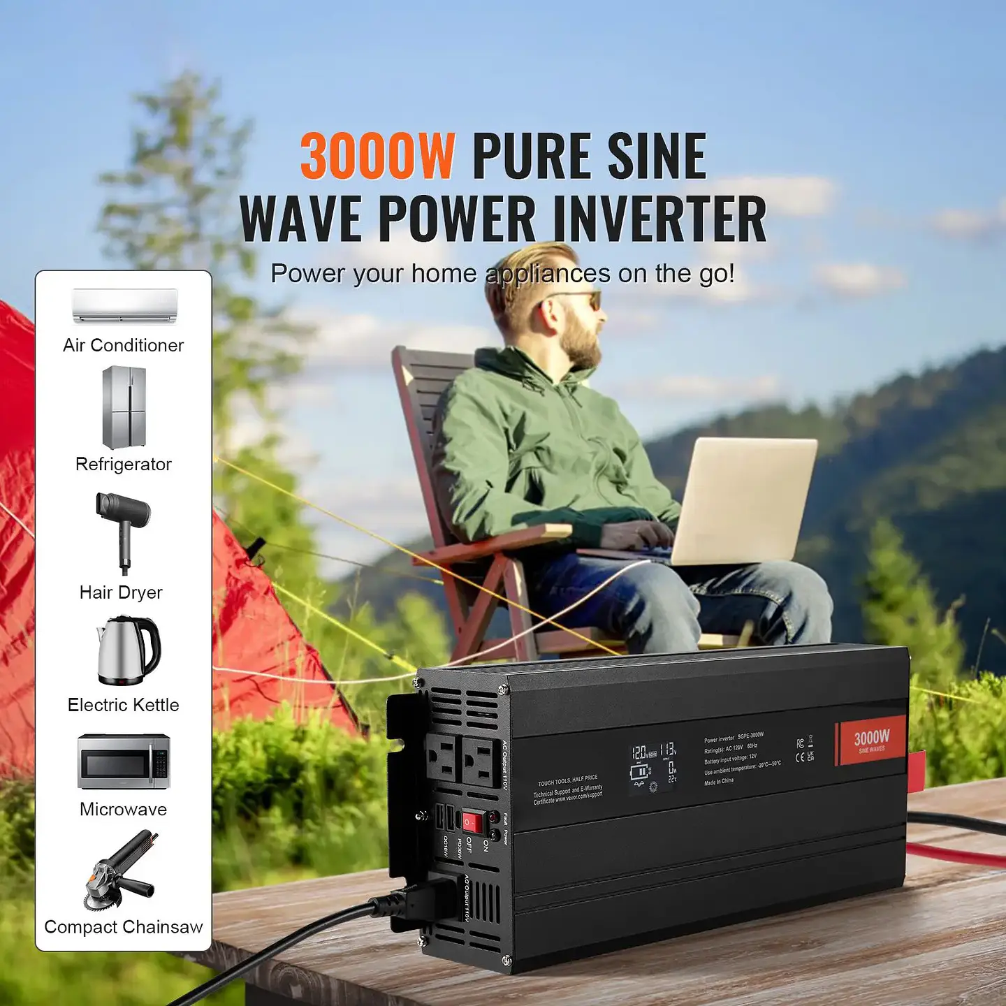 3000 Watt Pure Sine Wave Power Inverter DC 12V AC 120V 6000W Peak with LCD Display 2 AC Outlets 2 USB & 1 Type C Ports 2