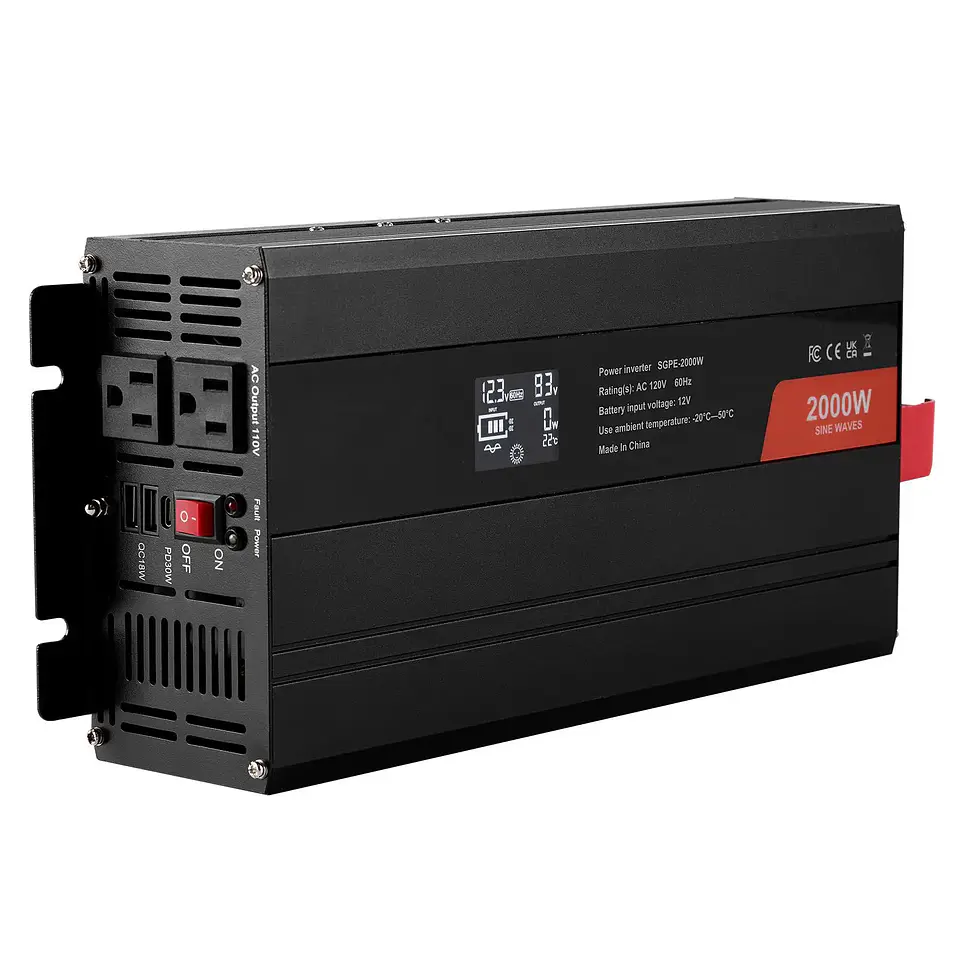 2000-Watt Pure Sine Wave Power Inverter LCD Display DC 12V AC 110V Inverter 2 AC Outlets 2 USB Ports 1 Type C Port 240V 120V 3