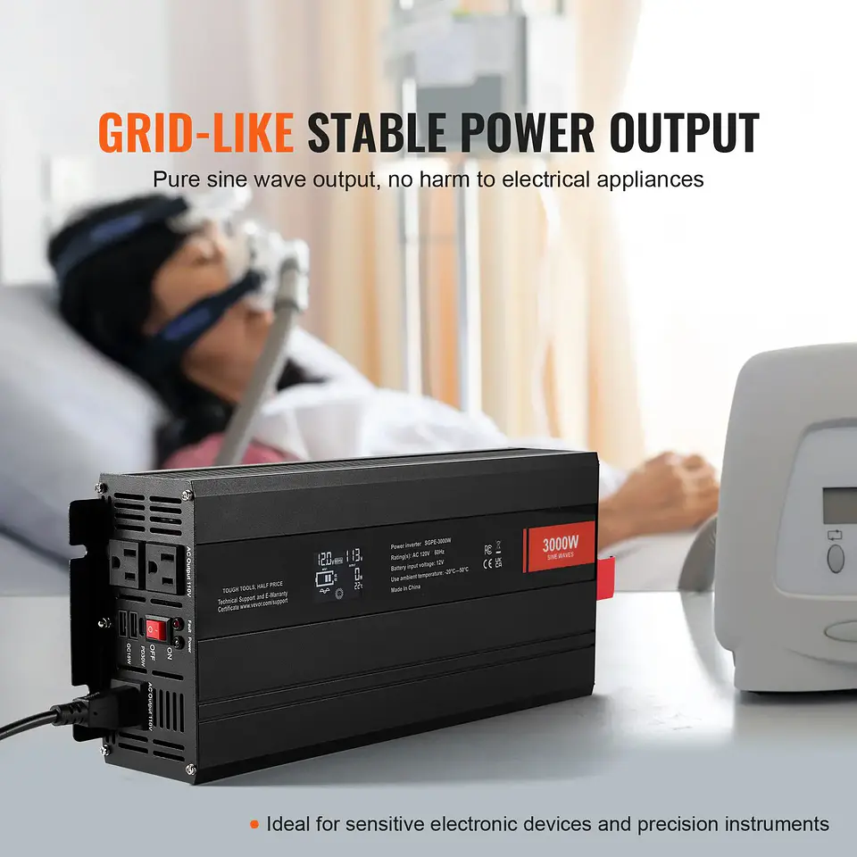 3000 Watt Pure Sine Wave Power Inverter DC 12V AC 120V 6000W Peak with LCD Display 2 AC Outlets 2 USB & 1 Type C Ports 3