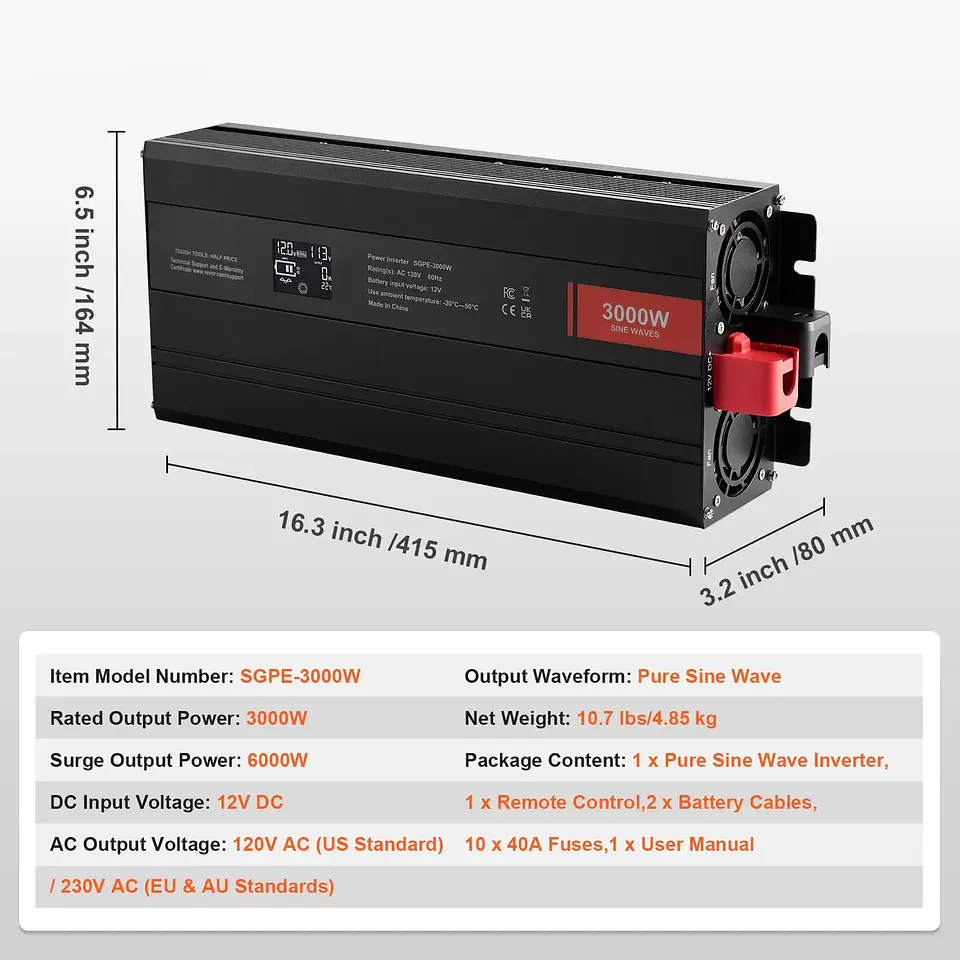 3000 Watt Pure Sine Wave Power Inverter DC 12V AC 120V 6000W Peak with LCD Display 2 AC Outlets 2 USB & 1 Type C Ports 4