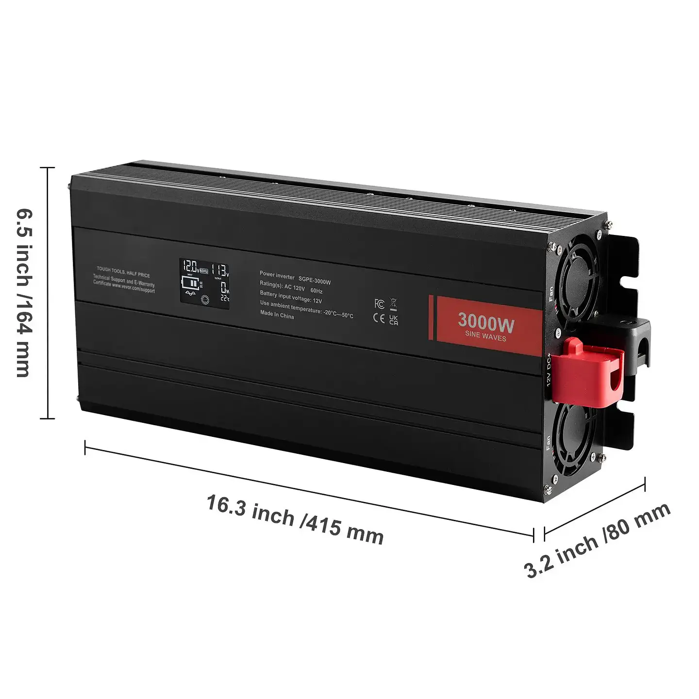 3000 Watt Pure Sine Wave Power Inverter DC 12V AC 120V 6000W Peak with LCD Display 2 AC Outlets 2 USB & 1 Type C Ports 5