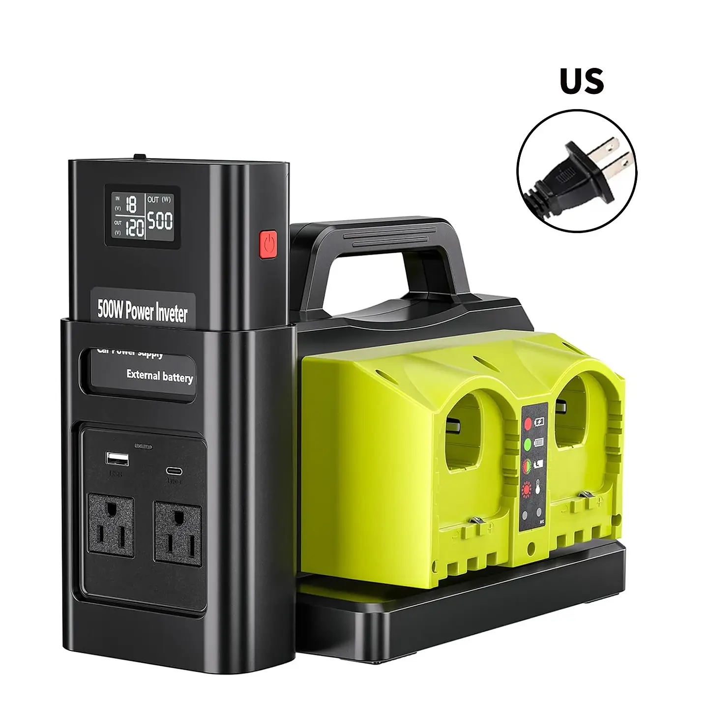 500W Pure Sine Wave Power Inverter for Ryobi 18 V Battery, 18 V DC to 120 V AC Converter with USB-C/USB-A Charger 8