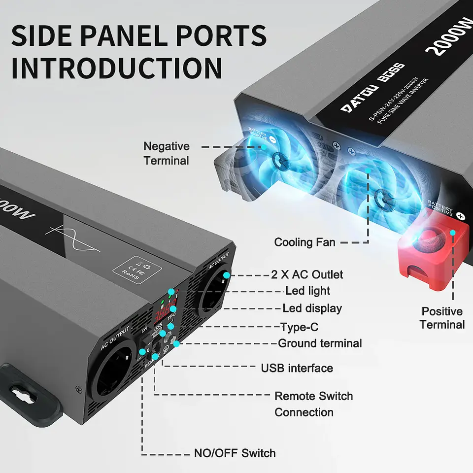 DATOUBOSS SAK Inverter 2000w Pure Sine Wave 12v 110V 220v Dc to Ac Off-grid Power Inverter Stock Los Angeles Warehouse, USA 4