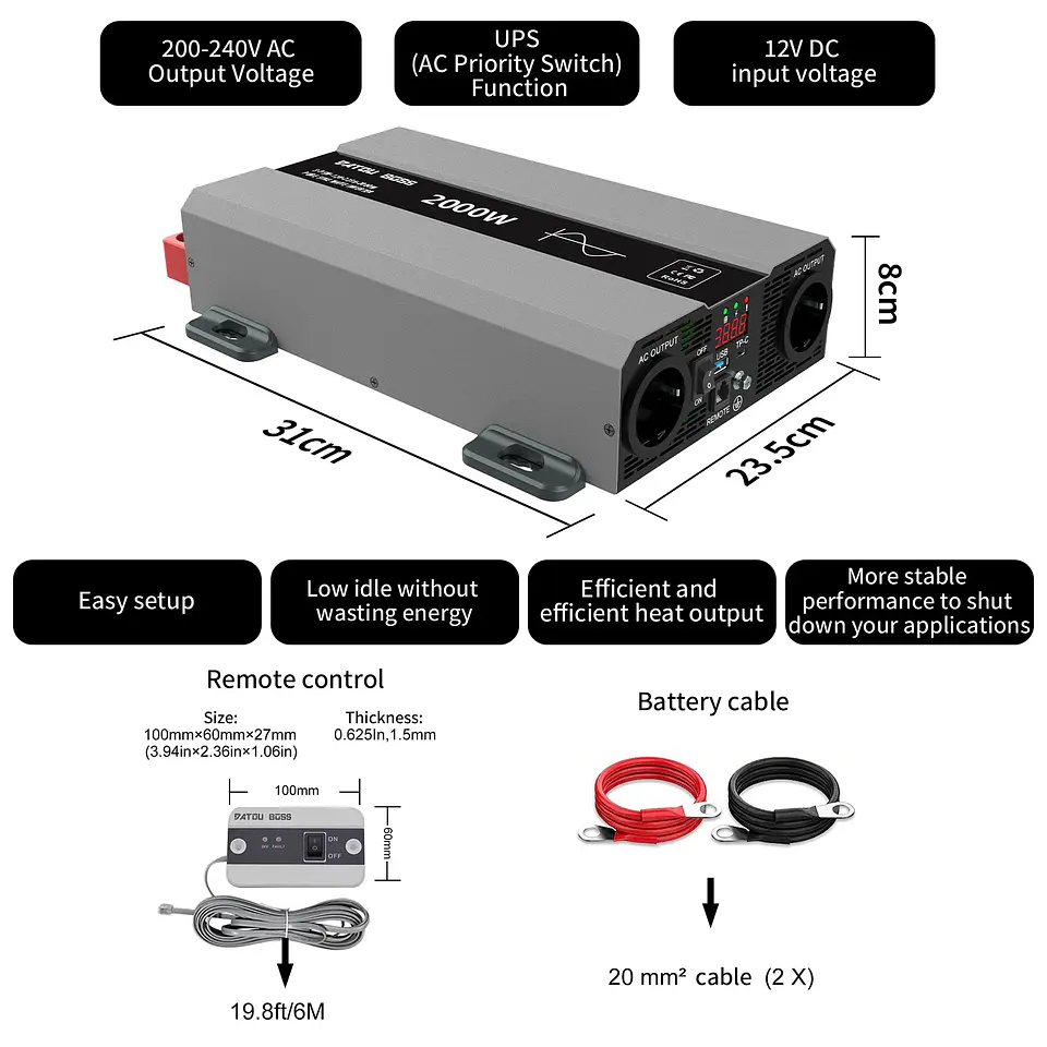 DATOUBOSS SAK Inverter 2000w Pure Sine Wave 12v 110V 220v Dc to Ac Off-grid Power Inverter Stock Los Angeles Warehouse, USA 5