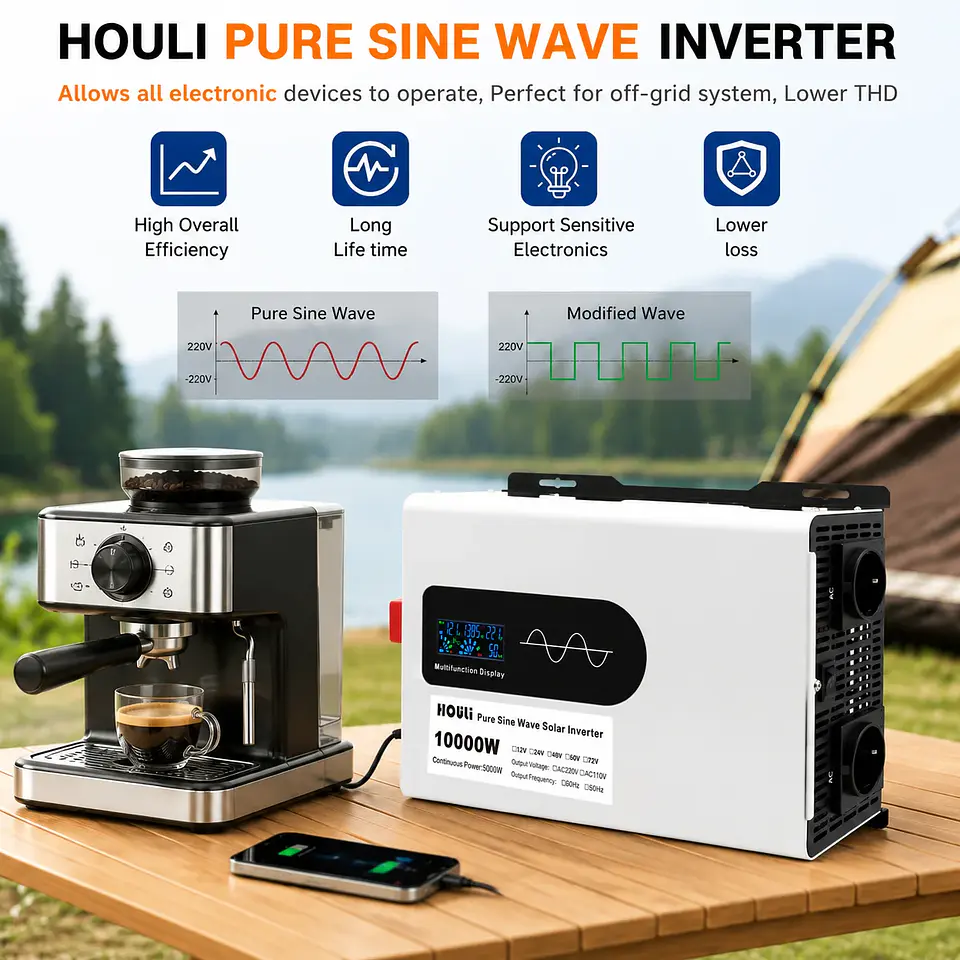 HOULI 10000W Peak Pure Sine Wave Power Inverter 12V 24V 48V DC to AC 220V Off Grid Solar Home Backup 6