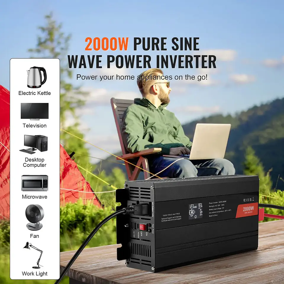 2000-Watt Pure Sine Wave Power Inverter LCD Display DC 12V AC 110V Inverter 2 AC Outlets 2 USB Ports 1 Type C Port 240V 120V 6