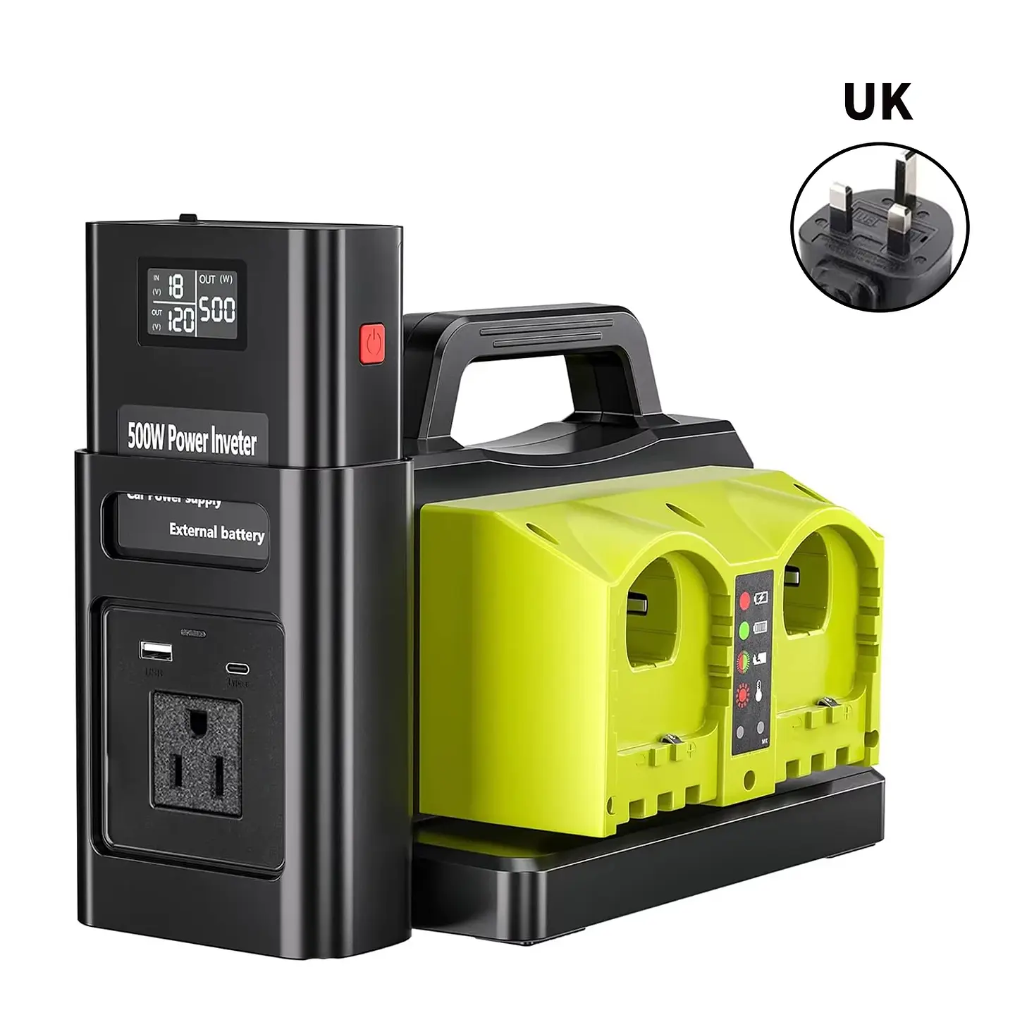 500W Pure Sine Wave Power Inverter for Ryobi 18 V Battery, 18 V DC to 120 V AC Converter with USB-C/USB-A Charger 10