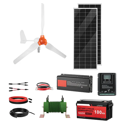 "2PCS 100W Solar Panels + 400W Wind Turbine + 12.8V 100Ah LiFePO4 Battery + 1000W Power Inverter-12V 600W Solar Wind Power Kit"