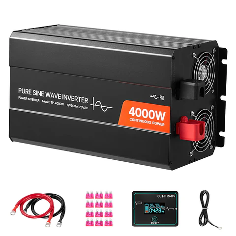 12V DC 120V AC Pure Sine Wave Power Inverter 4000W Solar Car Charger Converter LCD Display Remote Control 1000W Rated Power 24V