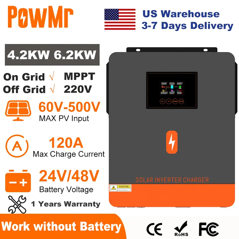 PowMr 6.2KW 4.2KW Hybrid Solar Inverter On Grid Pure Sine Wave Inverter 24V 48V 230V Dual Output with MPPT 120A Solar Charger 1