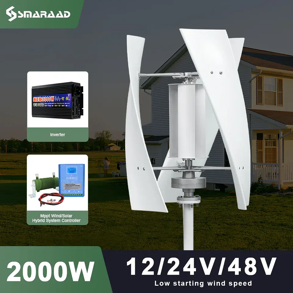 2000W 2KW Vertical Axis Wind Turbine 12V 24V 48V Wind Generator CE Certified Free Energy Low Speed Start Off Grid for Home Use 1