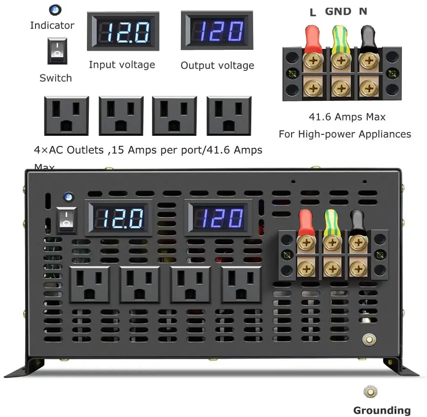 WZRELB 12KW 12V DC 120V AC Off-Grid Pure Sine Wave Single Output Iron Shell Power Inverter 85-90% Efficiency 50/60Hz for Solar 5