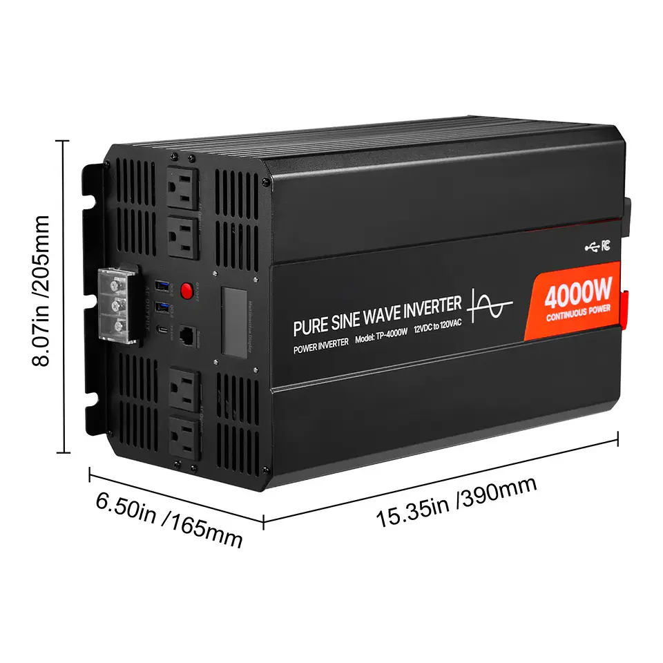 12V DC 120V AC Pure Sine Wave Power Inverter 4000W Solar Car Charger Converter LCD Display Remote Control 1000W Rated Power 24V 5