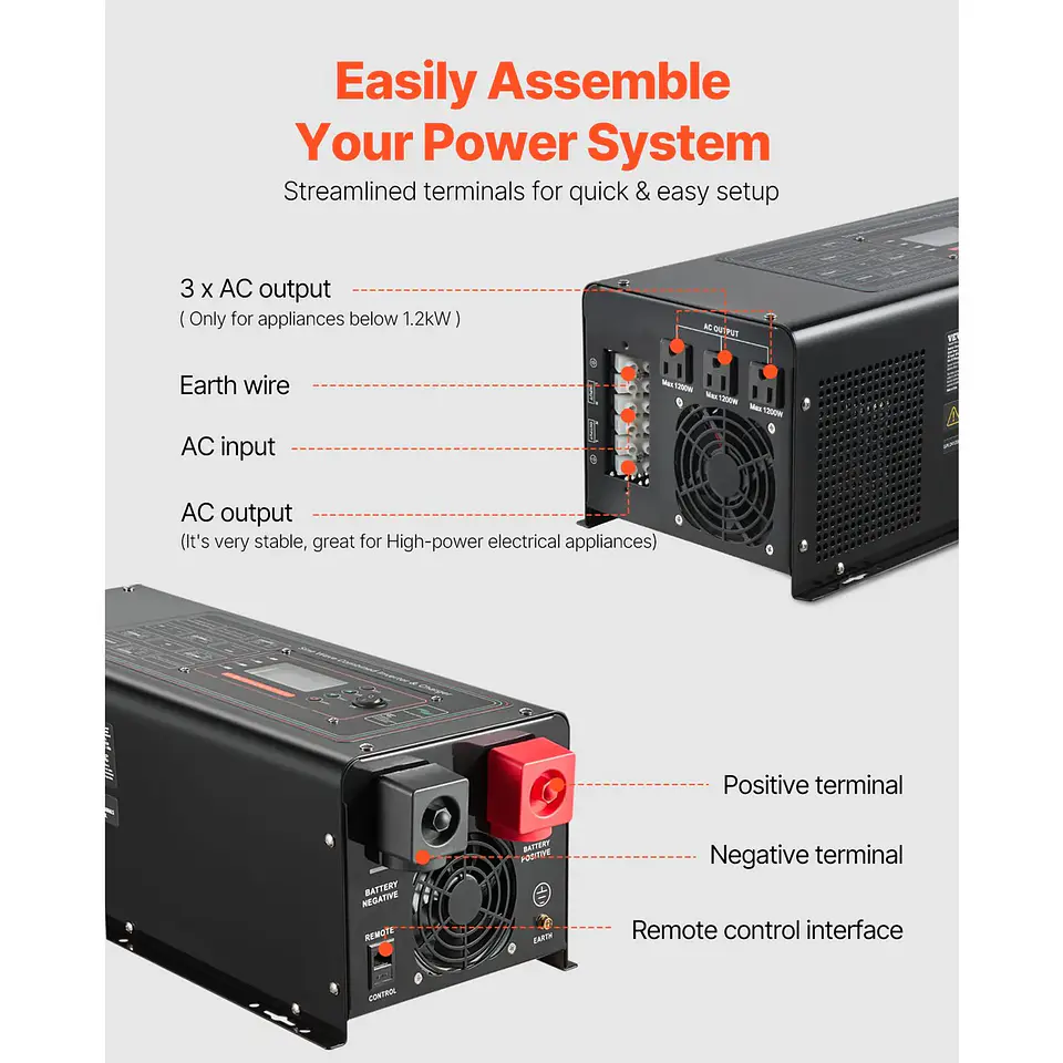 2000-Watt Pure Sine Wave Inverter Charger LCD Display Remote Control DC 12V AC 120V Power Inverter for Solar Systems 6-12KW 6
