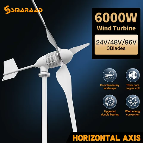 6KW Horizontal Wind Turbine Generator Windmill With Free MPPT Charger Controller and Off Grid Inverter