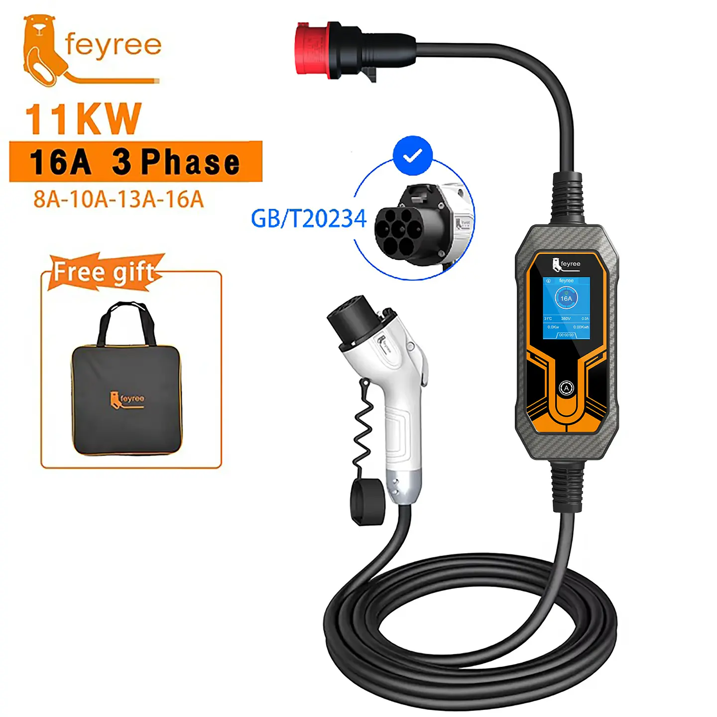 Feyree 11KW 16A 3 Phase GB/T Cord EV Portable Charger 5M Cable EVSE Charging Box Car Charger with CEE Plug for Electric Vehicle 1