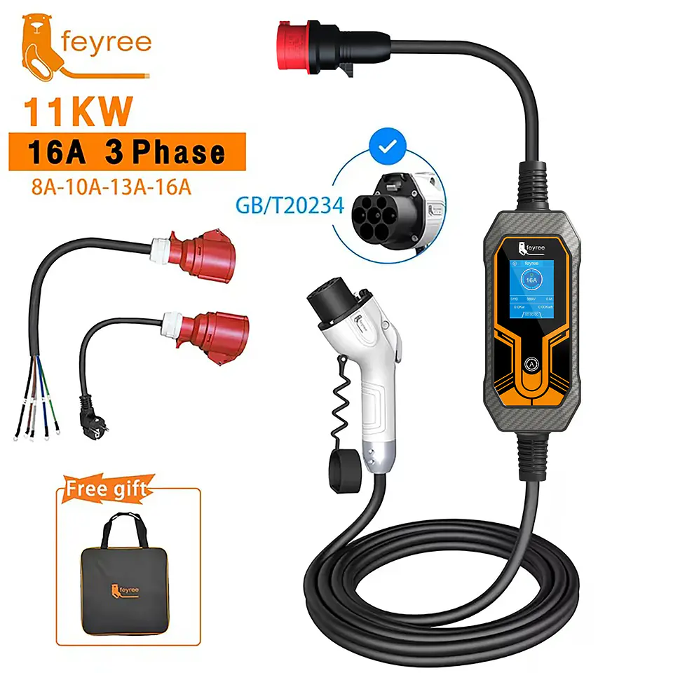 Feyree 11KW 16A 3 Phase GB/T Cord EV Portable Charger 5M Cable EVSE Charging Box Car Charger with CEE Plug for Electric Vehicle 2