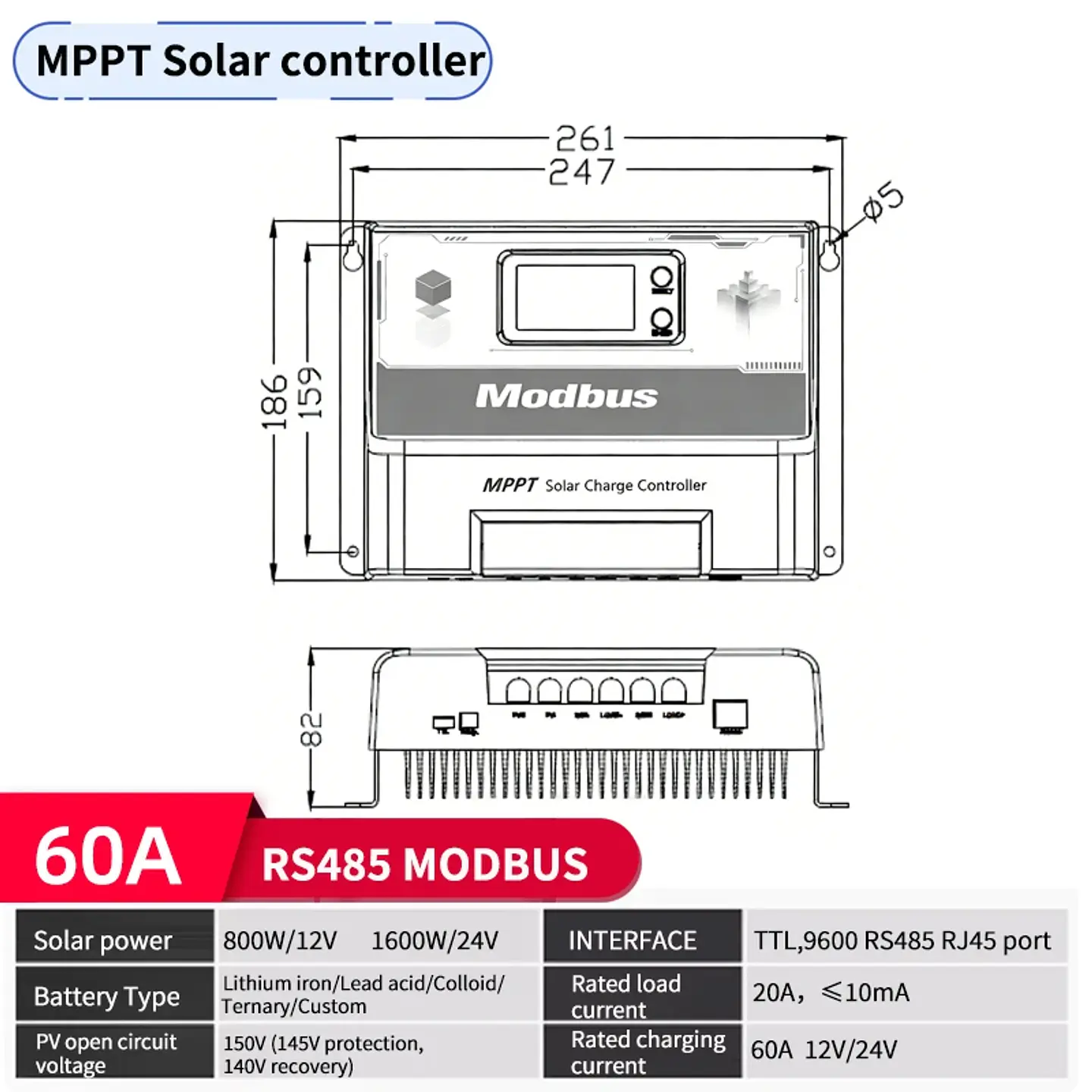 60A RS485 Communication Protocol MPPT Solar Controller 12V/24V Automatic Universal TTL Interface Protocol 2