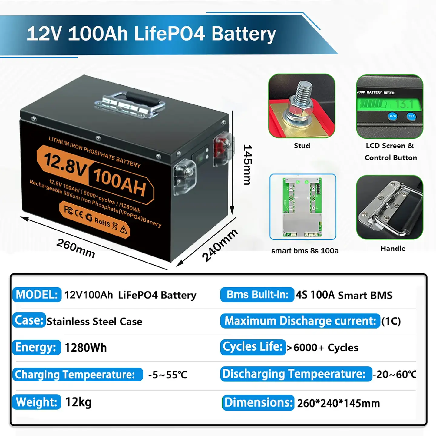 Brand New 12V 24V 48v 100ah 200ah 280ah 300Ah 400Ah LiFePO4 Lithium Battery 100A BMS 6000+ cyclic for Inverter Solar RV No Tax 7