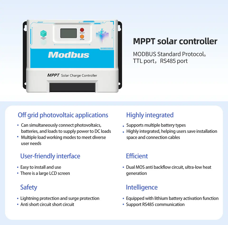 60A RS485 Communication Protocol MPPT Solar Controller 12V/24V Automatic Universal TTL Interface Protocol 5