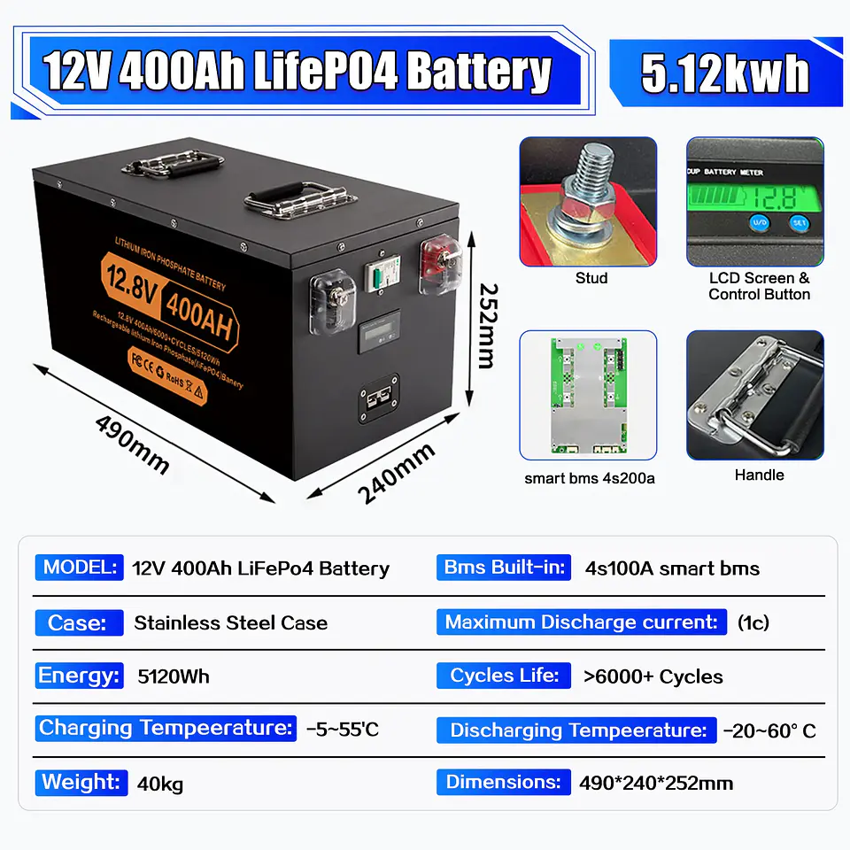 Brand New 12V 24V 48v 100ah 200ah 280ah 300Ah 400Ah LiFePO4 Lithium Battery 100A BMS 6000+ cyclic for Inverter Solar RV No Tax 9