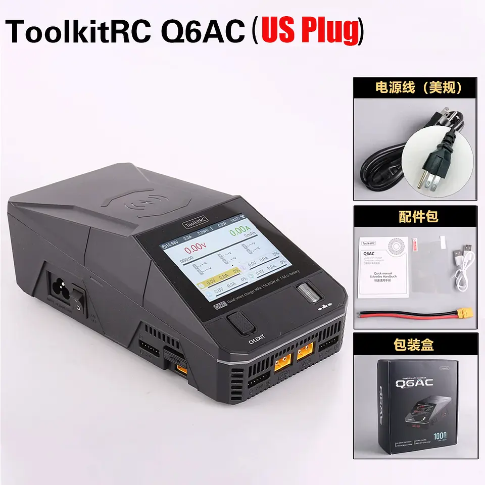 ToolkitRC Q6AC AC 400W/ DC 1200W 4CH Balanced Charger 65W USB Output 15W Wireless Charger 7