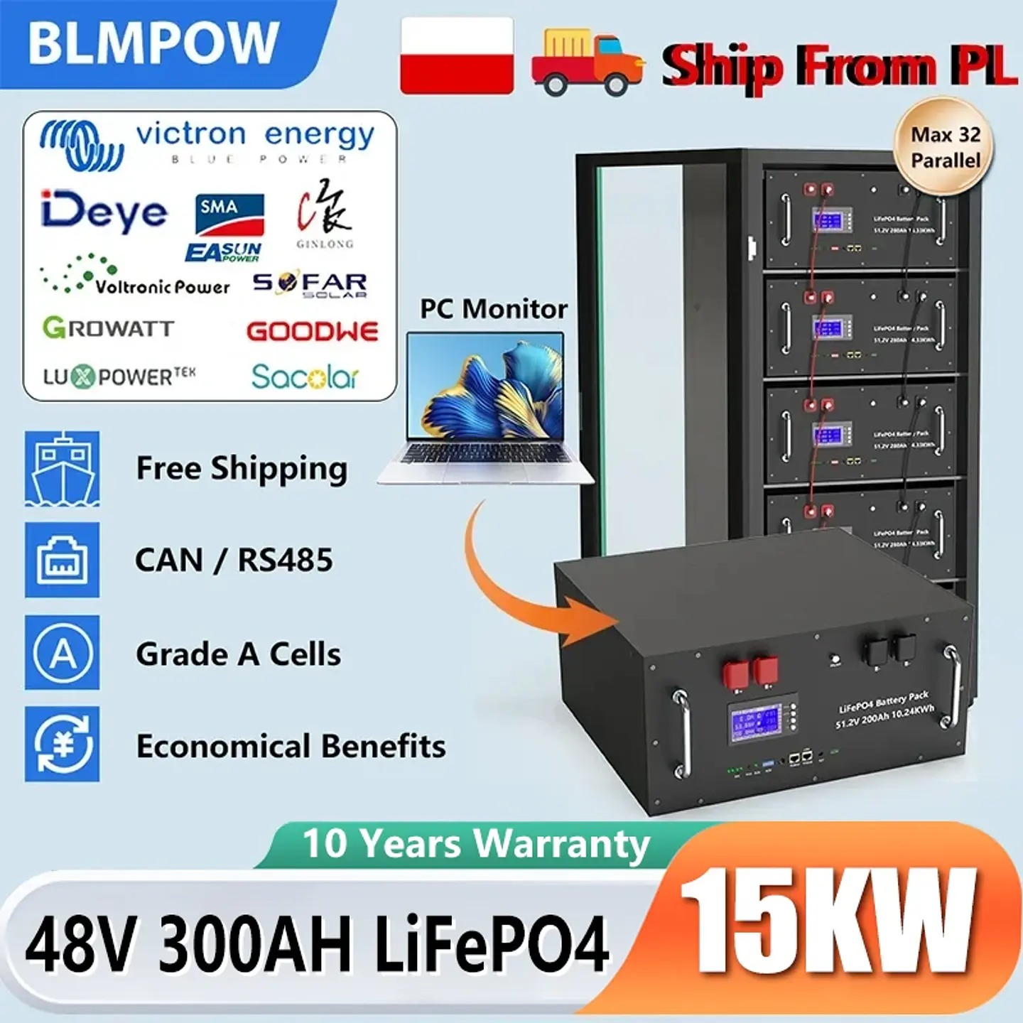 LiFePO4 48V 300AH 15KWH Battery 51.2V 100AH 200AH Lithium Solar Battery 6000+ Cycles With 16S 200A BMS For Inverter  EU Stock 1