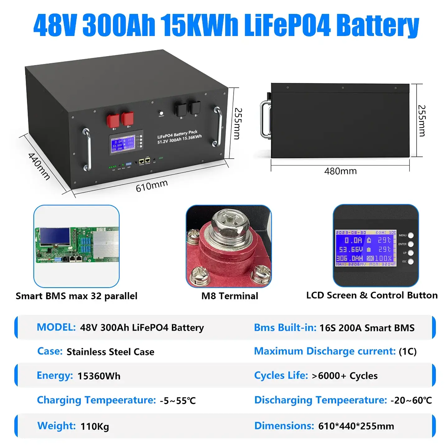 LiFePO4 48V 300AH 15KWH Battery 51.2V 100AH 200AH Lithium Solar Battery 6000+ Cycles With 16S 200A BMS For Inverter  EU Stock 2
