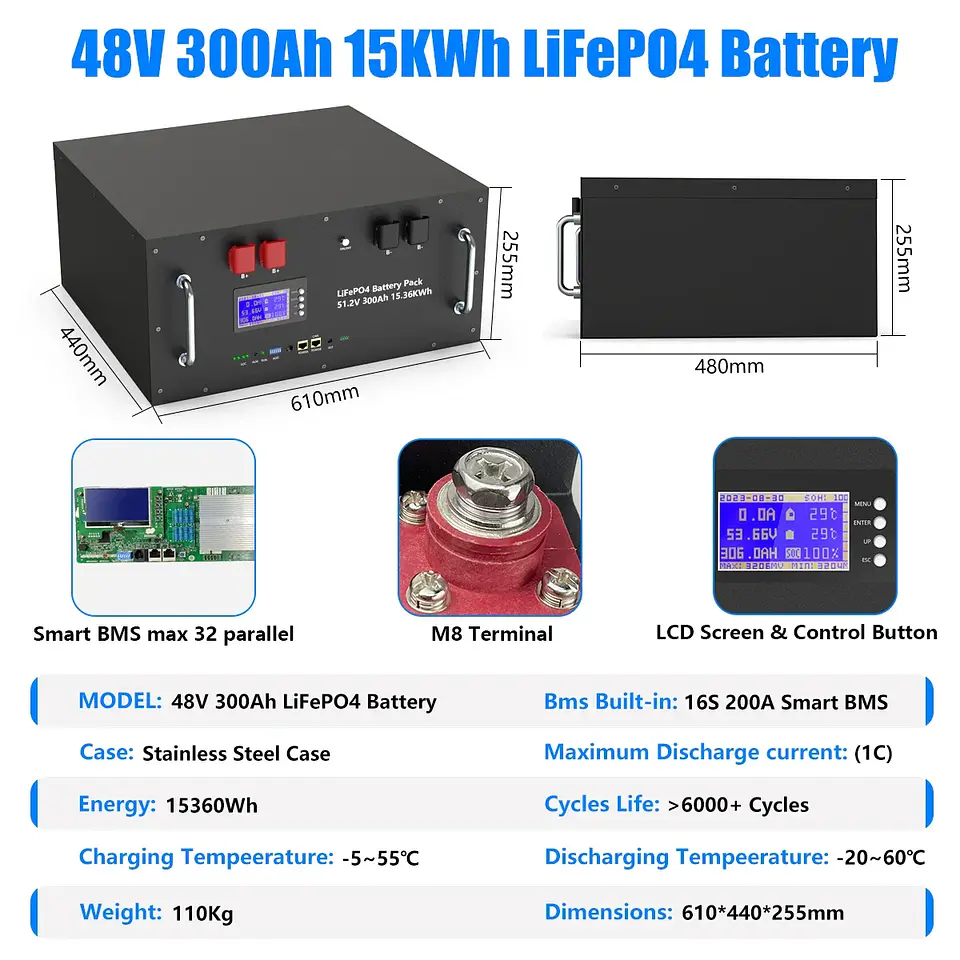 LiFePO4 48V 300AH 15KWH Battery 51.2V 100AH 200AH Lithium Solar Battery 6000+ Cycles With 16S 200A BMS For Inverter  EU Stock 2