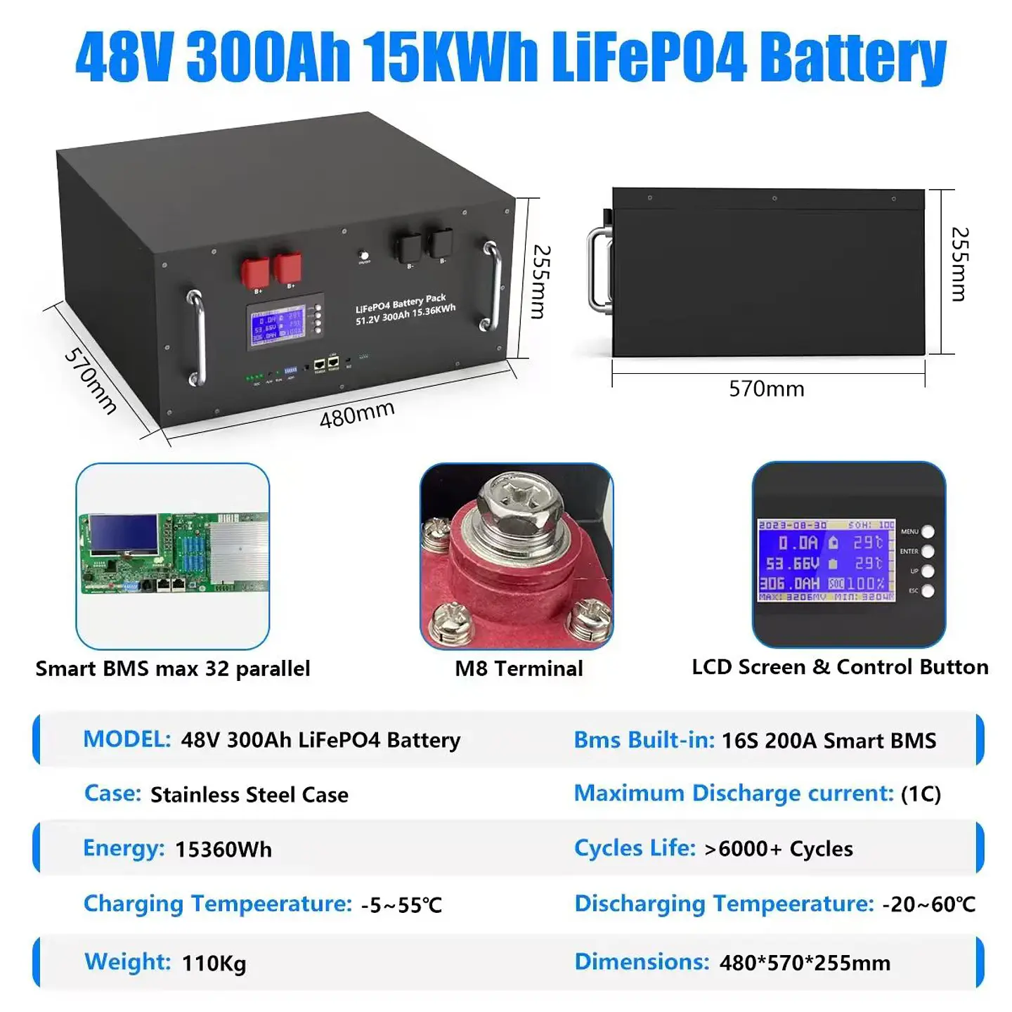 LiFePO4 48V 300AH 15KWH Battery 51.2V 100AH 200AH Lithium Solar Battery 6000+ Cycles With 16S 200A BMS For Inverter  EU Stock 11