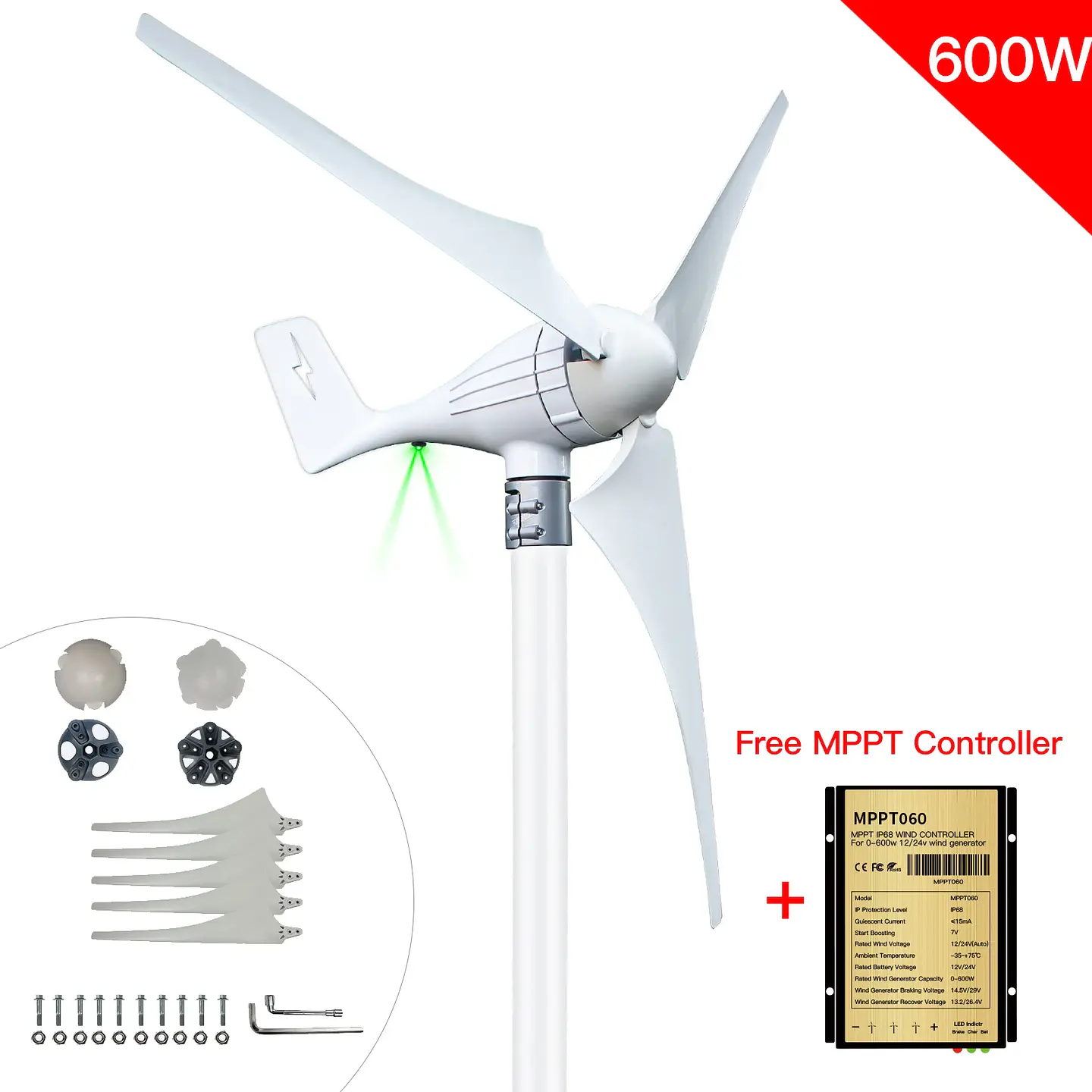 600W 12V 24V Wind Turbine Gennerator 3 or 5 Blades 12M/S Low Speed Windmill LED Indicate Light With Free MPPT Charge Controller 1