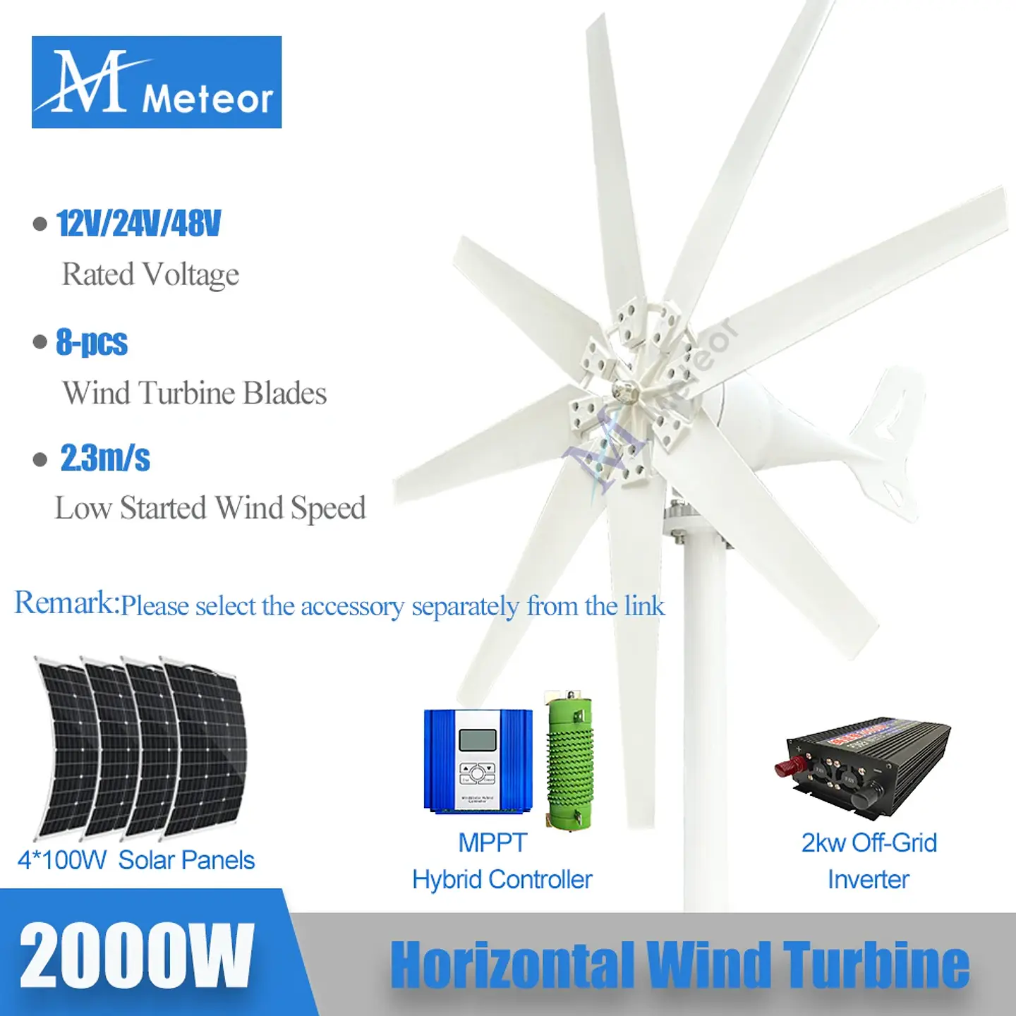 2kw Horizontal Wind Turbine Generator 48V 24V 12V Free Energy Magnetic Dynamo Strong Power 220v Inverter Output For Home 1